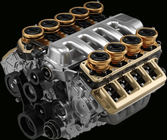 High-performance V12 engine with individual throttle bodies and gold-colored velocity stacks on a black background.