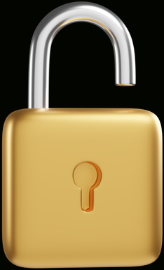 Golden padlock with a silver shackle in an unlocked position on a black background.