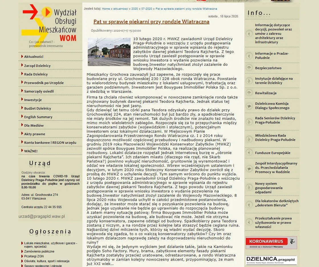 Prodeweloperski wpis na stronie Urzędu Dzielnicy Praga-Południe