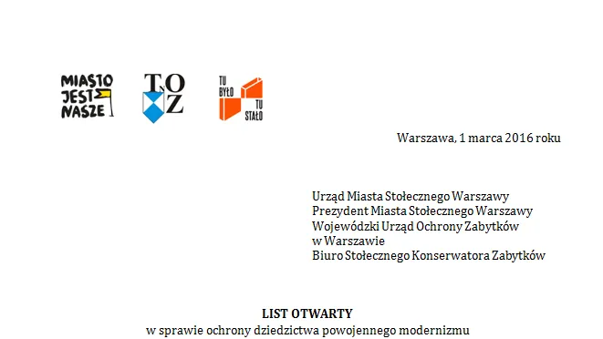 List otwarty w sprawie ochrony dziedzictwa powojennego modernizmu