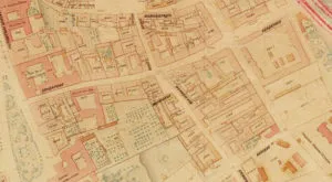 Mariensztat na Planie Lindleya z II poł. XIX wieku, widoczna jest na nim ulica Mularska widąca w stronę bramy ogrodu oraz niewielki placyk u zbiegu Bednarskiej i Furmańskiej