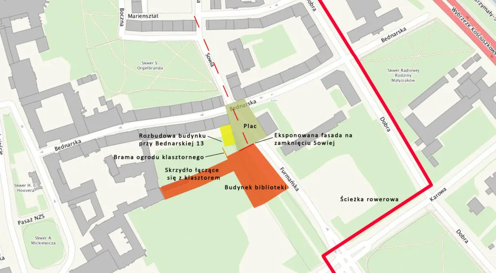 Koncepcja zagospodarowania przestrzeni fragmentu Mariensztatu z budynkiem biblioteki. Na mapie oznaczono nowy przebieg ścieżki rowerowej, proponowany budynek biblioteki z możliwością budowy skrzydła łączącego go z pozostałymi zabudowaniami Seminarium, rozbudowę domu przy ulicy Bednarskiej 13, utworzony u zbiegu Bednarskiej i Furmańskiej placyk oraz powiązanie widokowe budynku biblioteki z osią ulicy Sowiej.