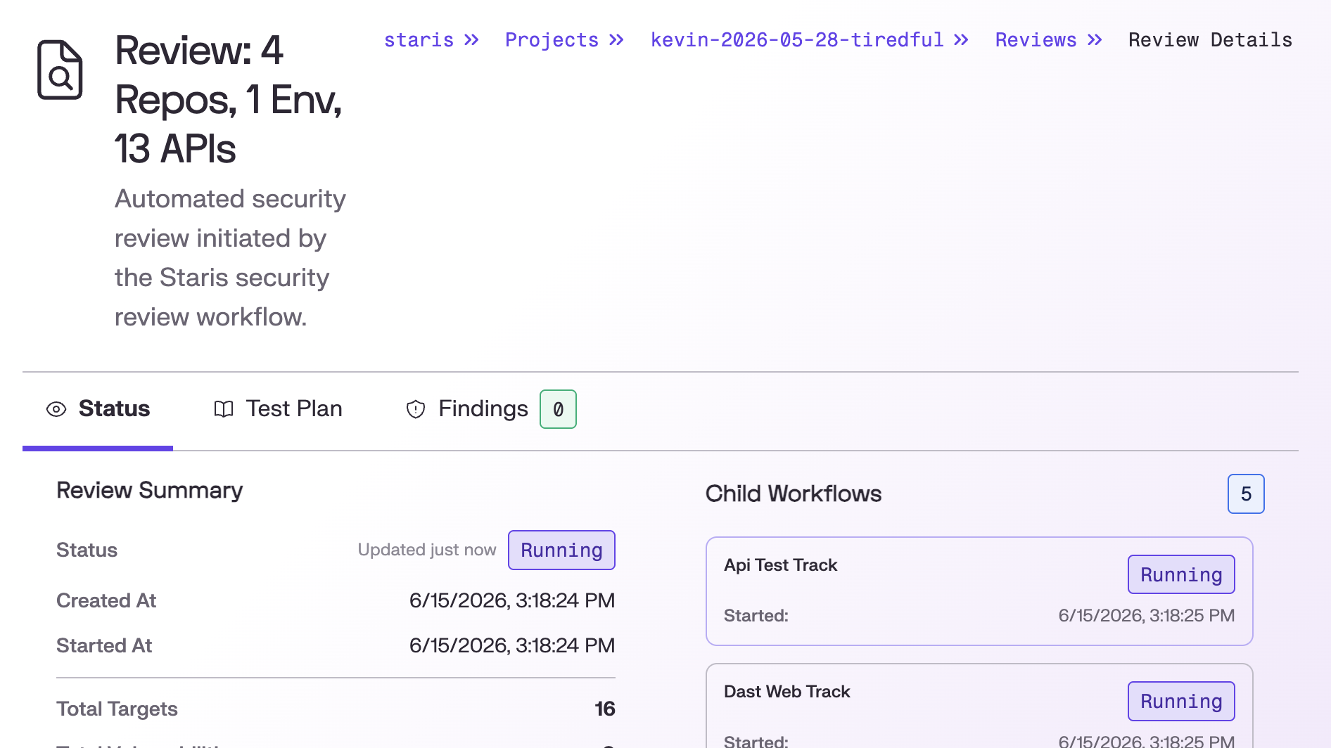 Staris AI application security platform illustration Staris running a security review