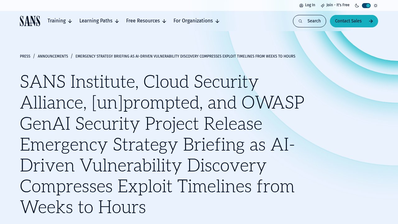 SANS Institute emergency briefing on AI-driven vulnerability discovery compressing exploit timelines from weeks to hours in 2026