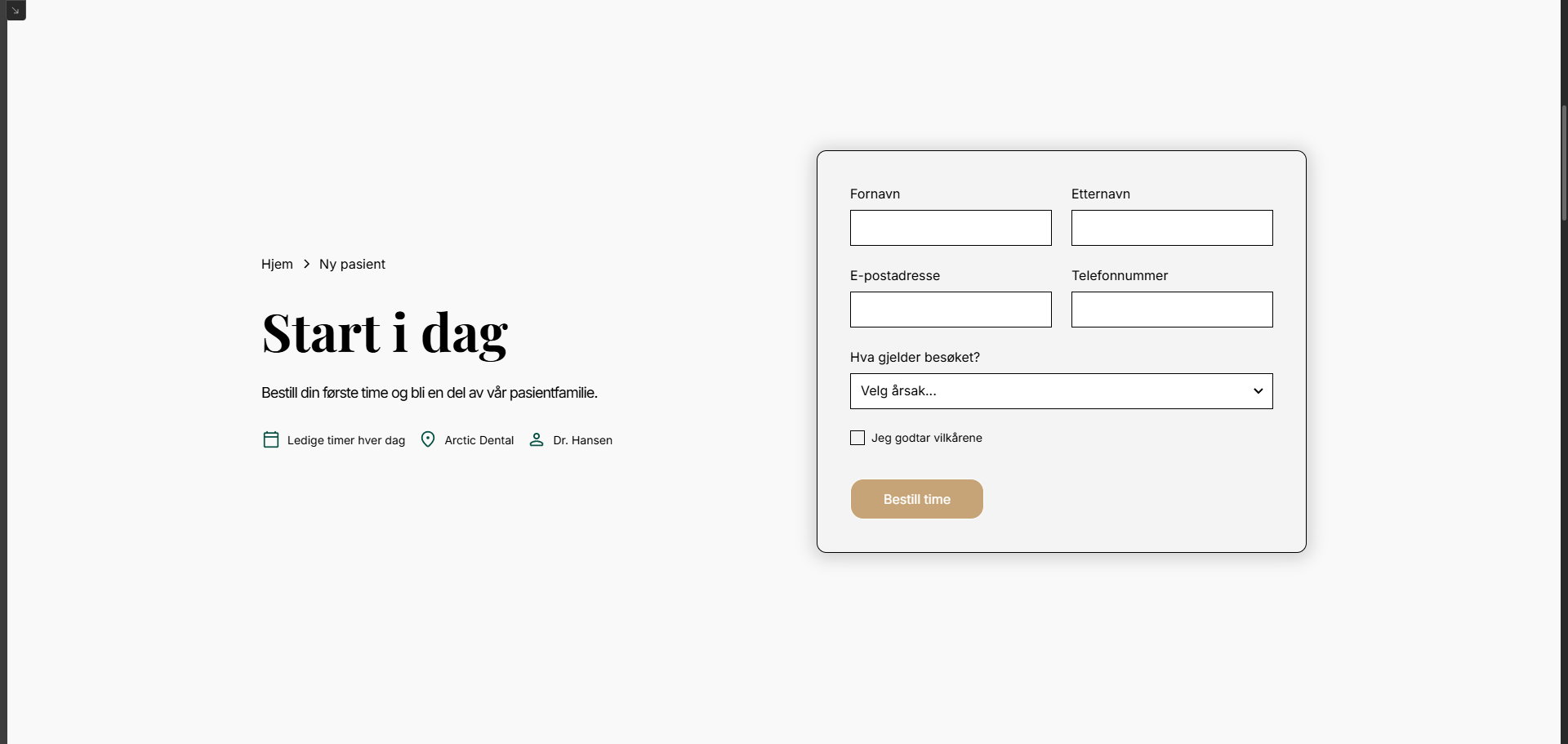 Online appointment form in Norwegian with fields for first name, last name, email, phone number, visit reason dropdown, terms acceptance checkbox, and a submit button labeled 'Bestill time'.