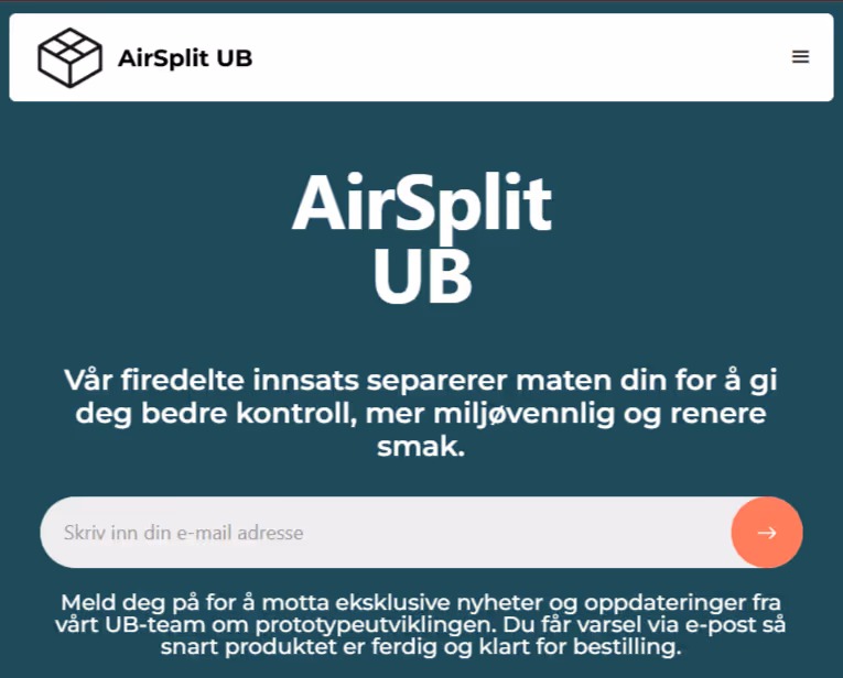 AirSplit UB signup form on dark teal background with company logo, headline, description in Norwegian, email input field, and subscribe button.