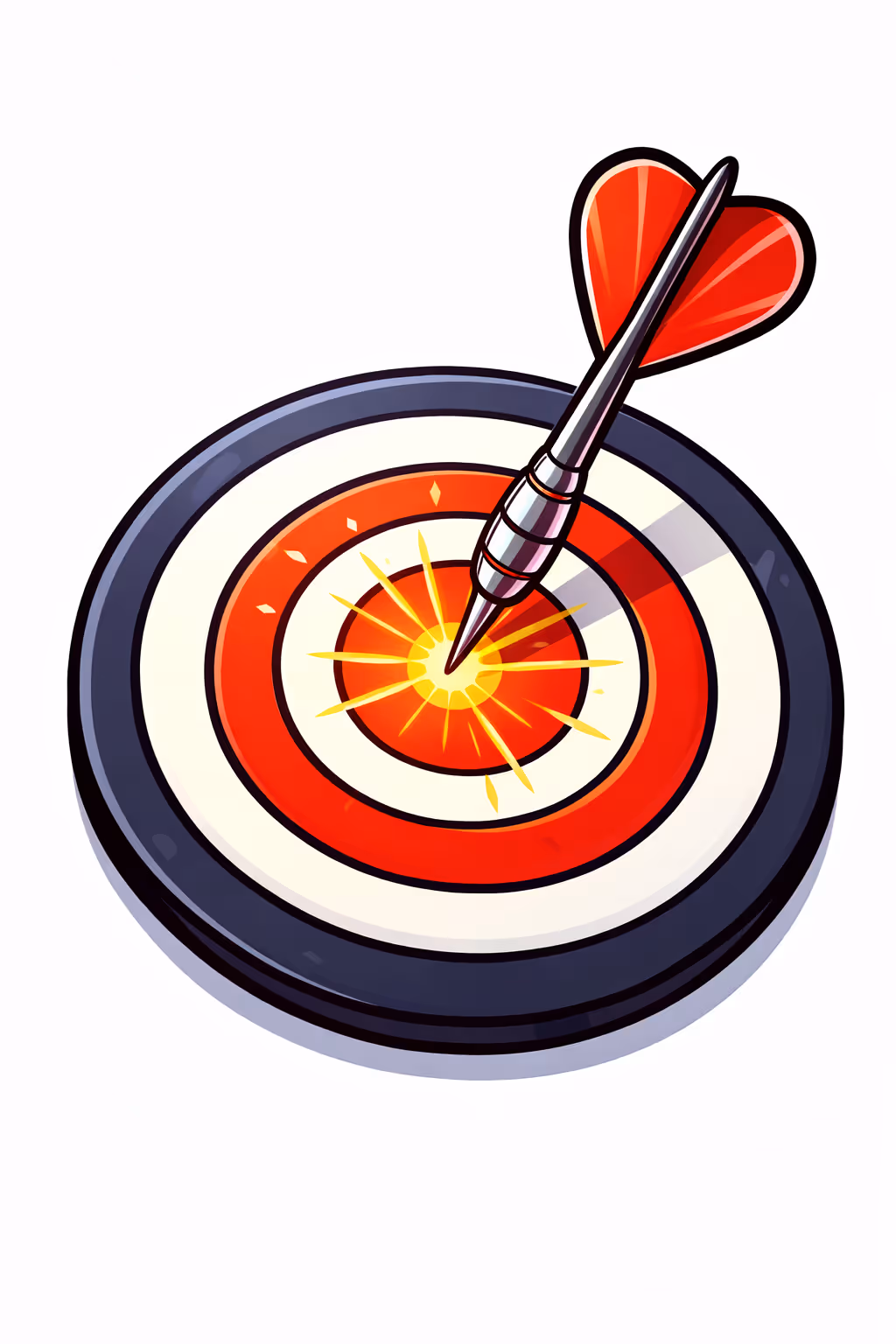 Illustration of a dart with a heart-shaped tail hitting the bullseye of a target with a bright yellow impact glow.