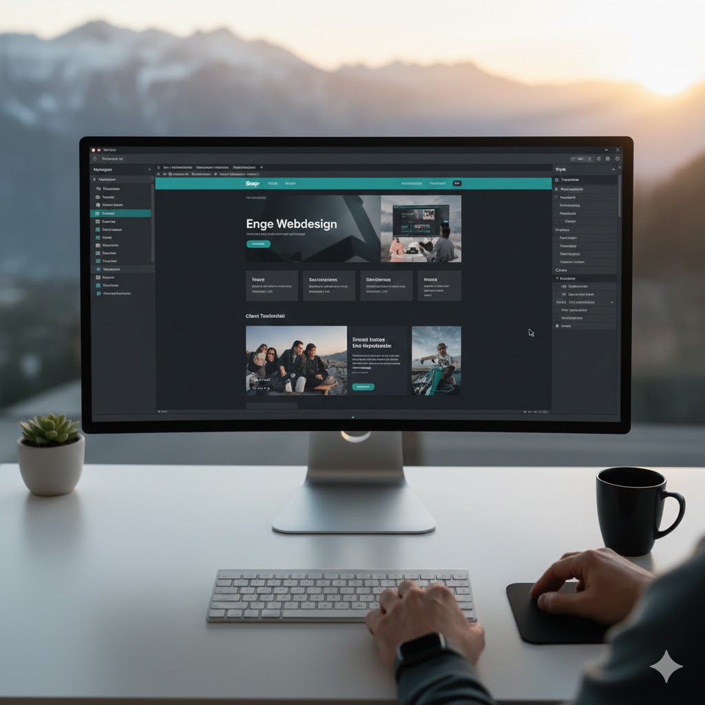 Person working on web design displayed on a widescreen monitor with a mountain landscape in the background.