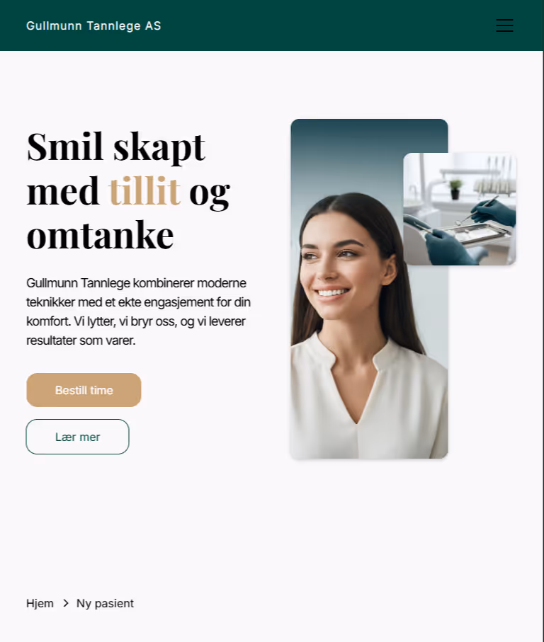 Smiling woman with long dark hair wearing a white blouse, alongside a close-up of gloved hands holding dental tools.