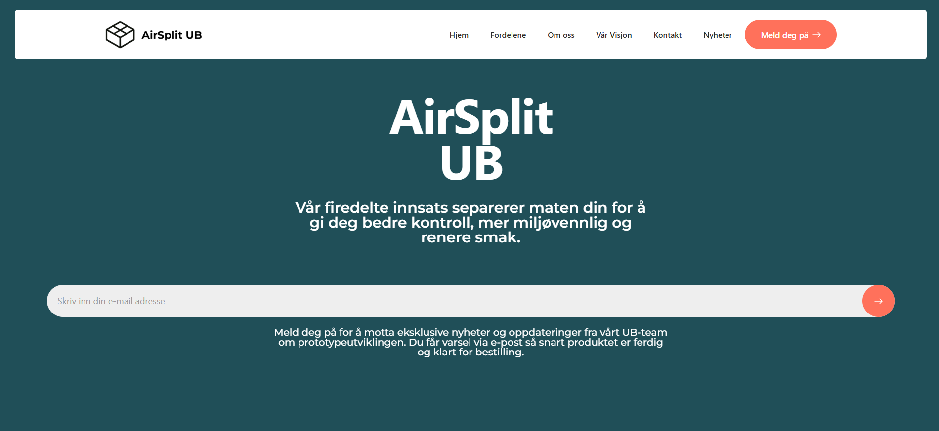 Website header showing AirSplit UB logo and a dark teal call-to-action section for email signup.