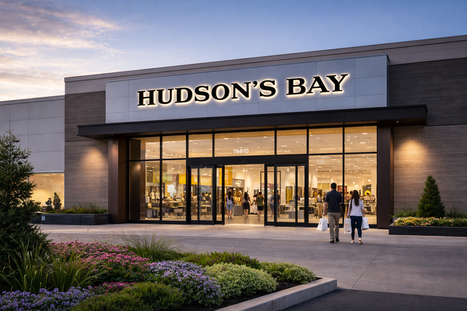 Evening view of Hudson’s Bay store entrance with illuminated sign, glass doors, and flower beds in front.