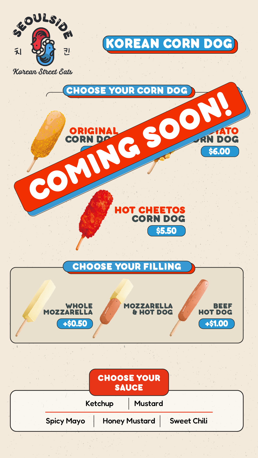 Seoulside Wings Jersey Village Korean corn dog menu with original corn dog, hot Cheetos corn dog, potato corn dog, mozzarella and hot dog fillings