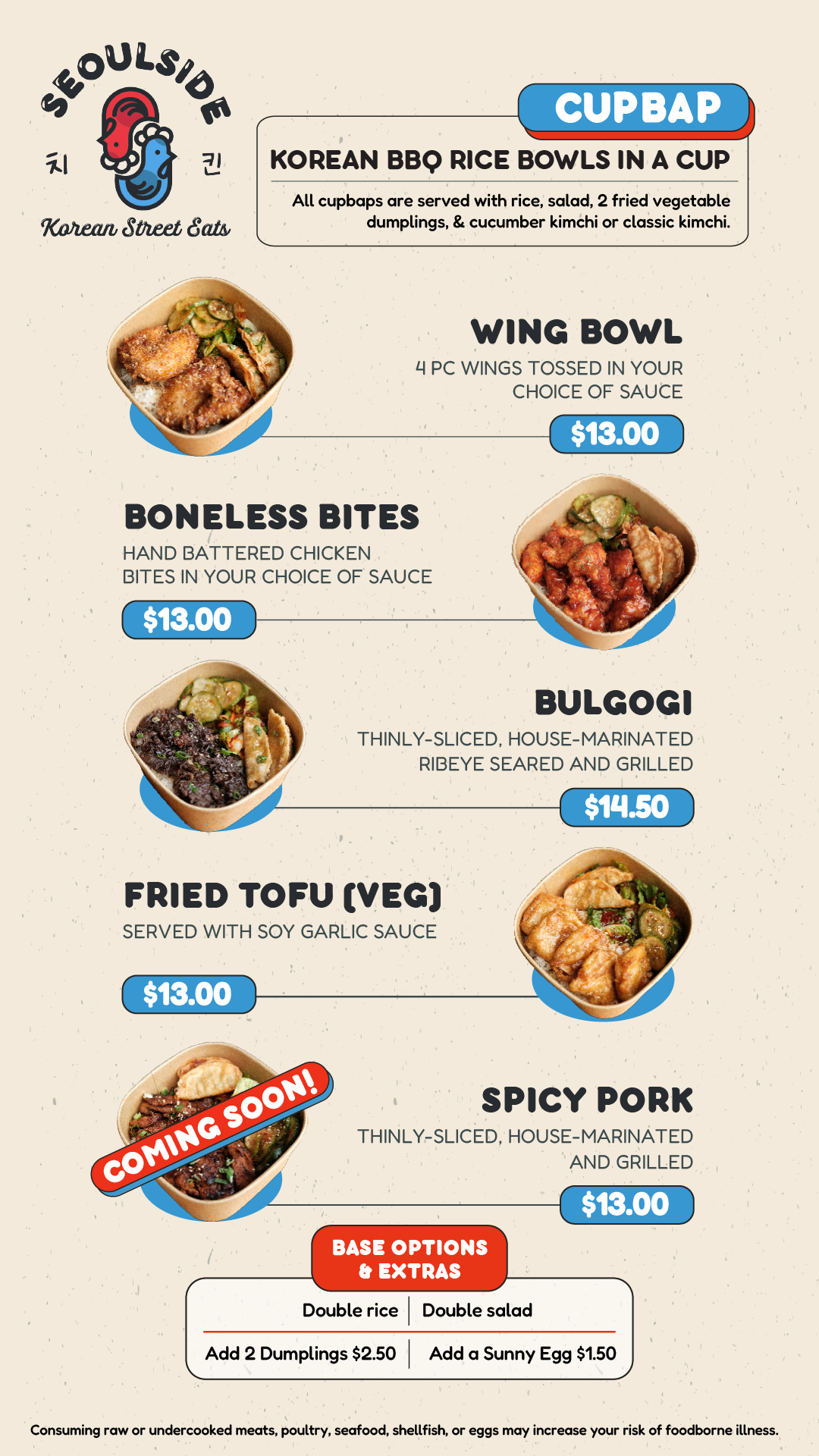 Seoulside Wings Jersey Village cupbap menu with Korean BBQ rice bowls including wing bowl, boneless bites, bulgogi, fried tofu, and spicy pork