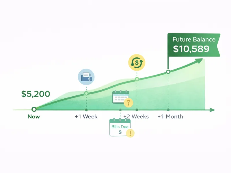 Graph showing timeline from now to +1 month with balance growth from $5,200 to future balance of $10,589 and bill due reminder at +2 weeks.