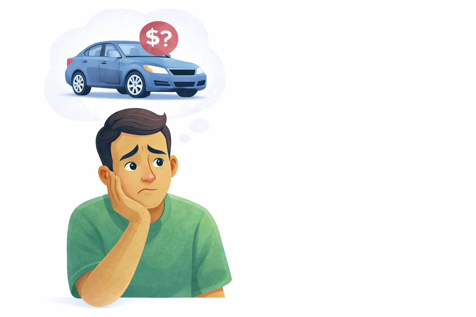 Worried man in a green shirt thinking about car expense with a dollar sign and question mark in a thought bubble.