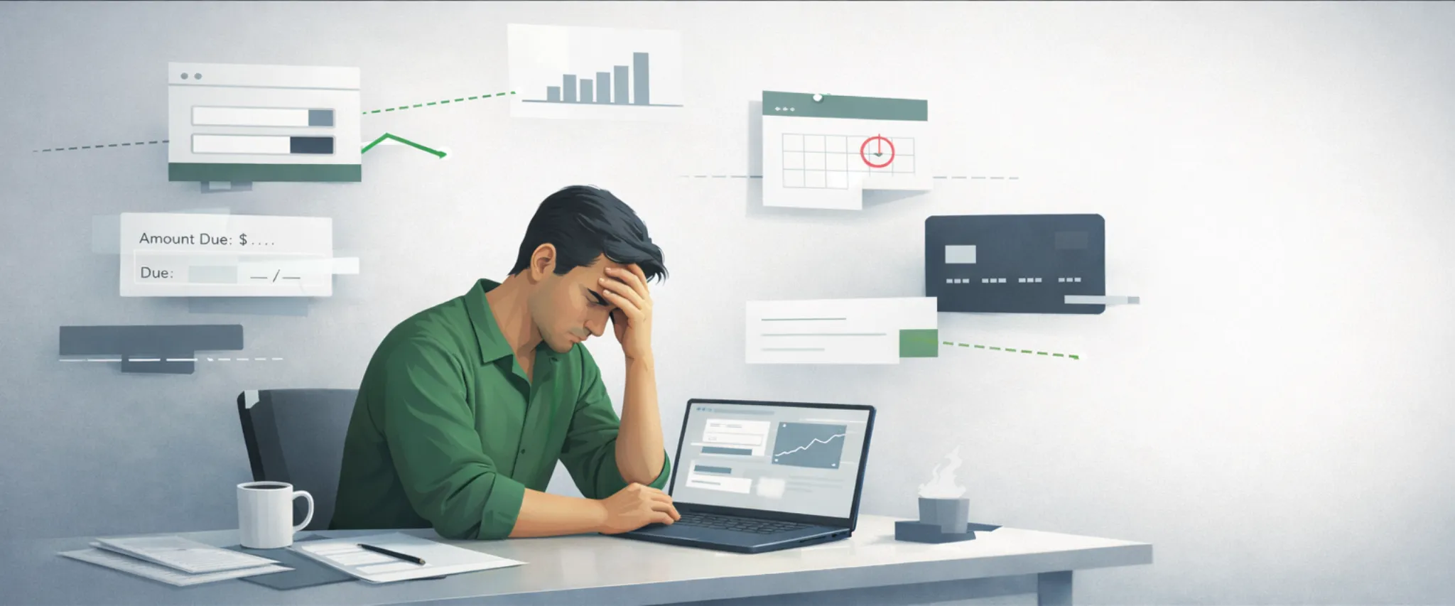 Man sitting at a desk with financial documents, holding his head in frustration, surrounded by floating financial graphics and charts.