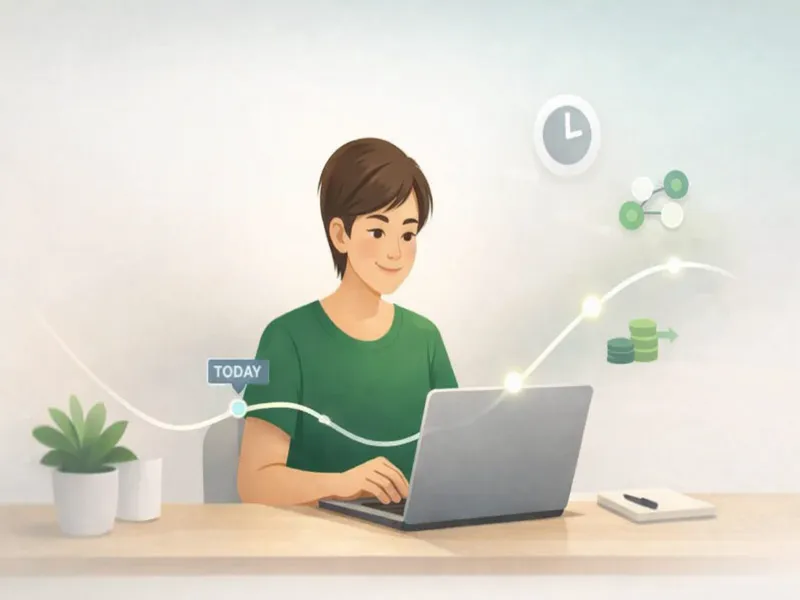 Person in green shirt working on a laptop with icons of a clock, molecule, and stacked coins connected by a glowing line labeled 'Today'.