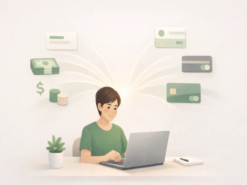 Person using a laptop with floating money bills, coins, dollar sign, and credit cards symbolizing online financial management.