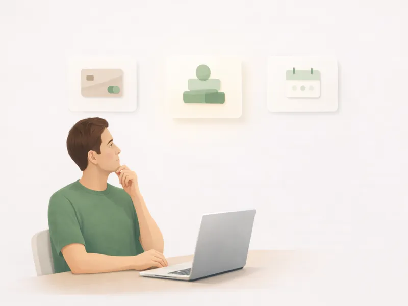 Man in green shirt sitting at table, looking thoughtfully at icons of a credit card, a person, and a calendar above.