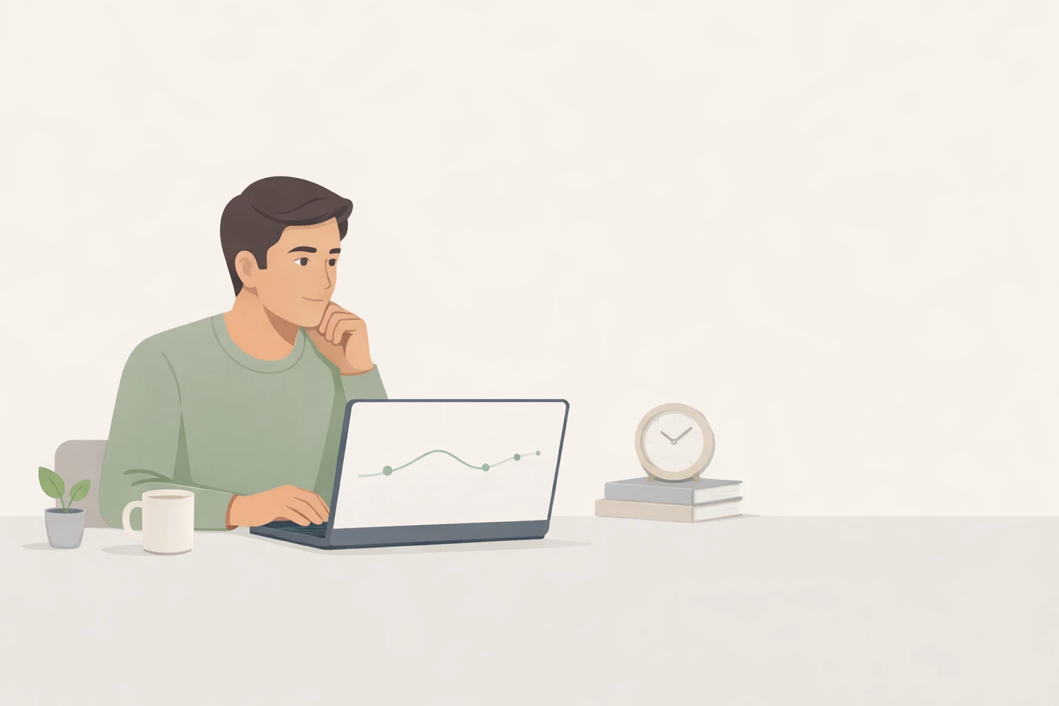 Illustration of a man in a green shirt sitting at a desk, looking at a laptop displaying a line chart, with a potted plant, coffee mug, stack of books, and clock on the desk.