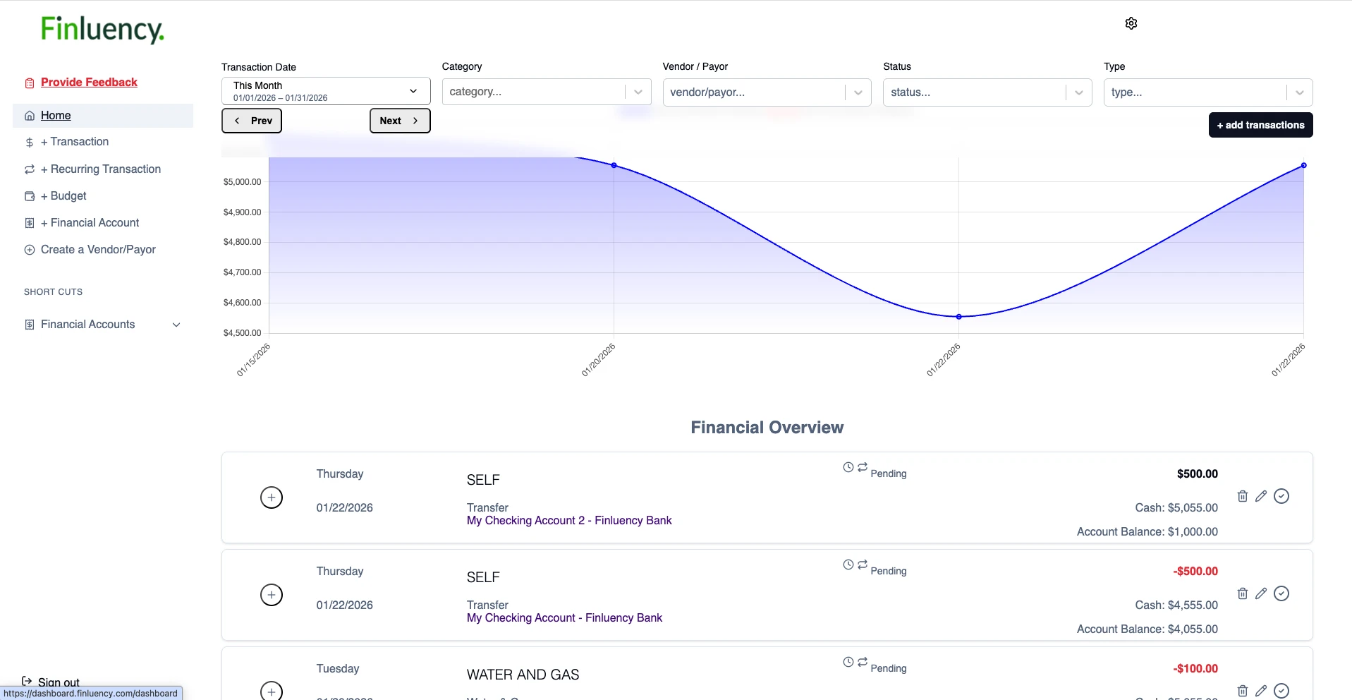 Finluency dashboard showing a line graph of account balances from January 15 to January 22, 2026, with financial transactions listed below including transfers and payments labeled as pending.