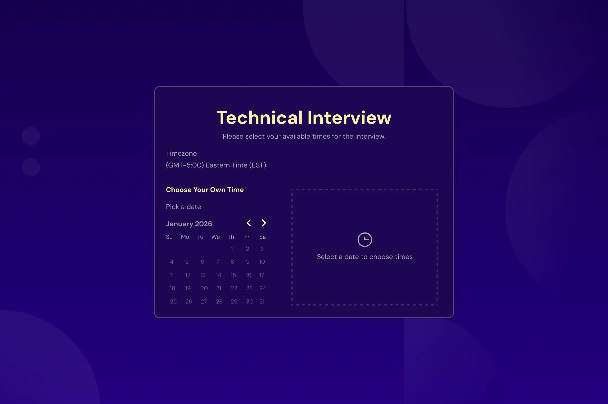 Dark navy blue background image with faded circle shapes and a calendar modal in the center. The modal has text that says "technical interview" and "please select your available times for the interview" along with a calendar date view.