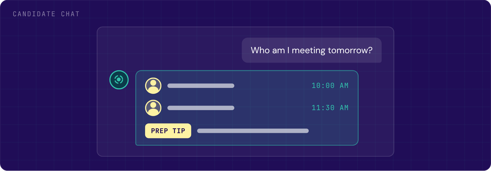 A candidate asks who they are meeting tomorrow and gets interviewer names, times and a prep tip
