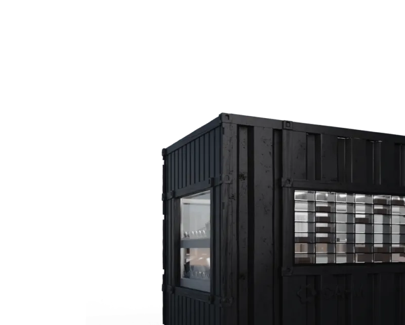 ide view of CA-M, a white modular container kitchen