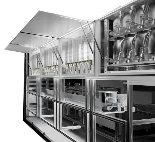 Modern reception area of the Circus Group Berlin office featuring a sleek black counter, bar stools, minimalist décor, and bold white company branding on a black wall.