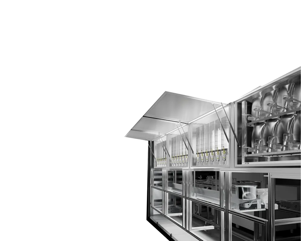 Modern reception area of the Circus Group Berlin office featuring a sleek black counter, bar stools, minimalist décor, and bold white company branding on a black wall.