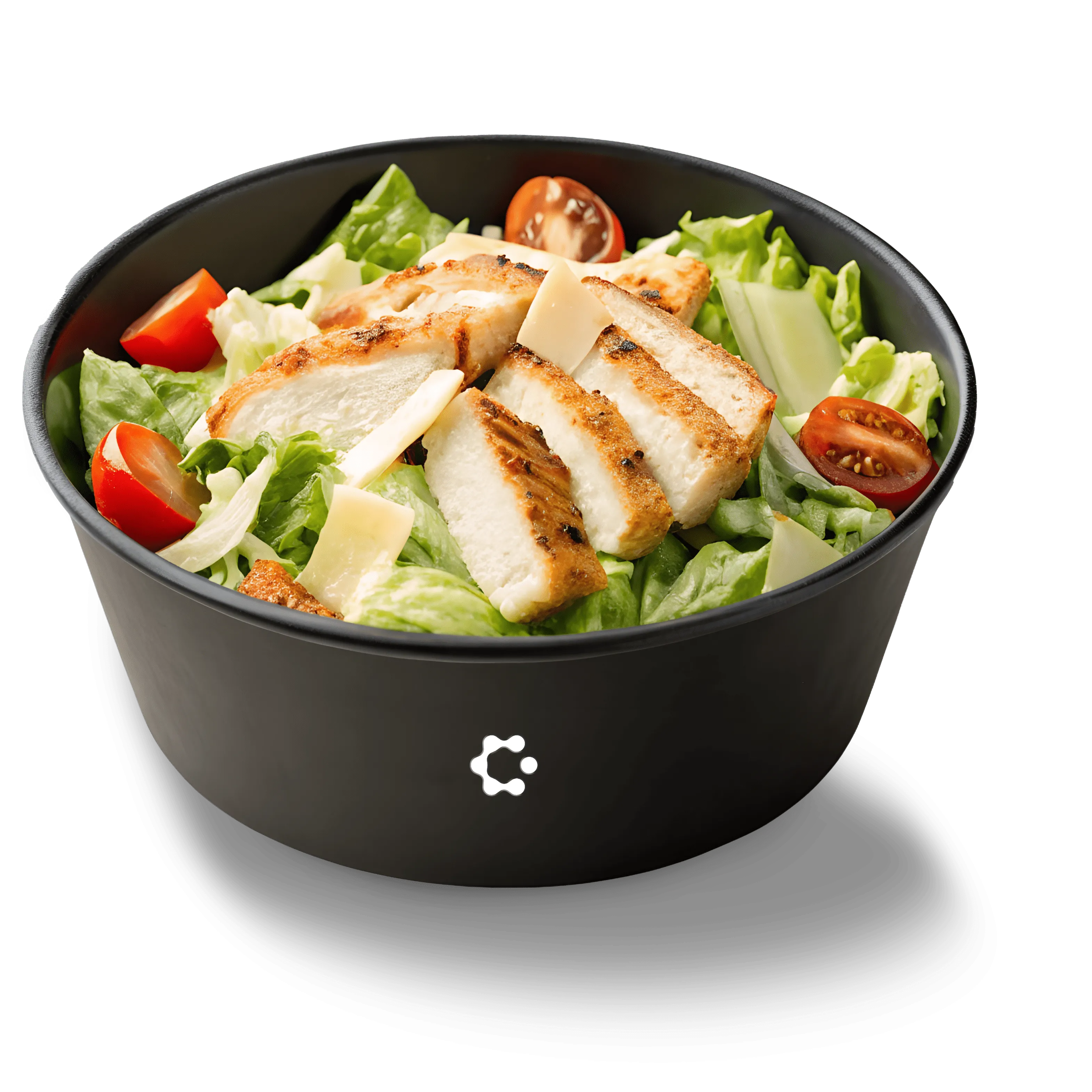 Bowl of grilled chicken salad with lettuce, cherry tomatoes, and shaved cheese on a dark background.