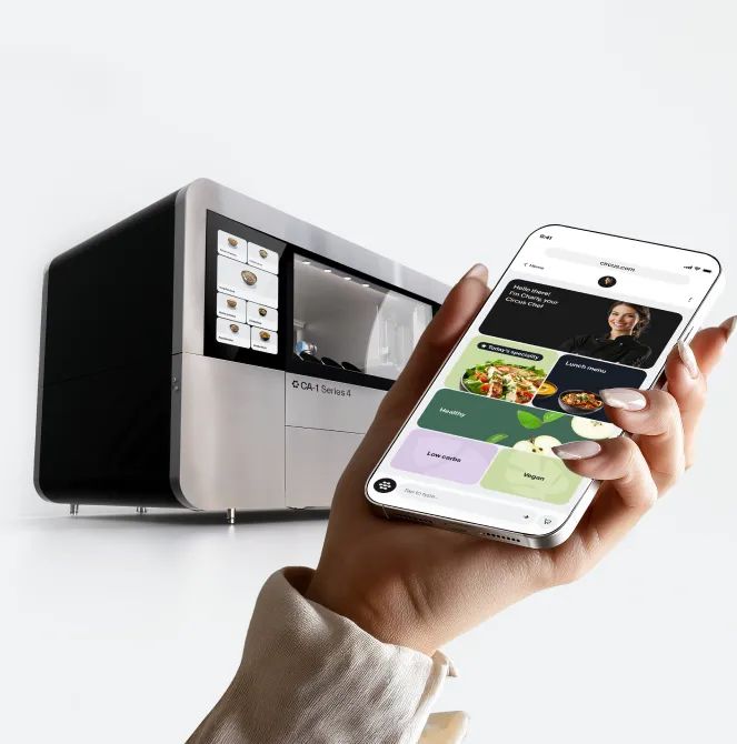 Circus Group CA-1 robotic kitchen with Fully AI-powered mobile ordering interface for personalized meal selection.