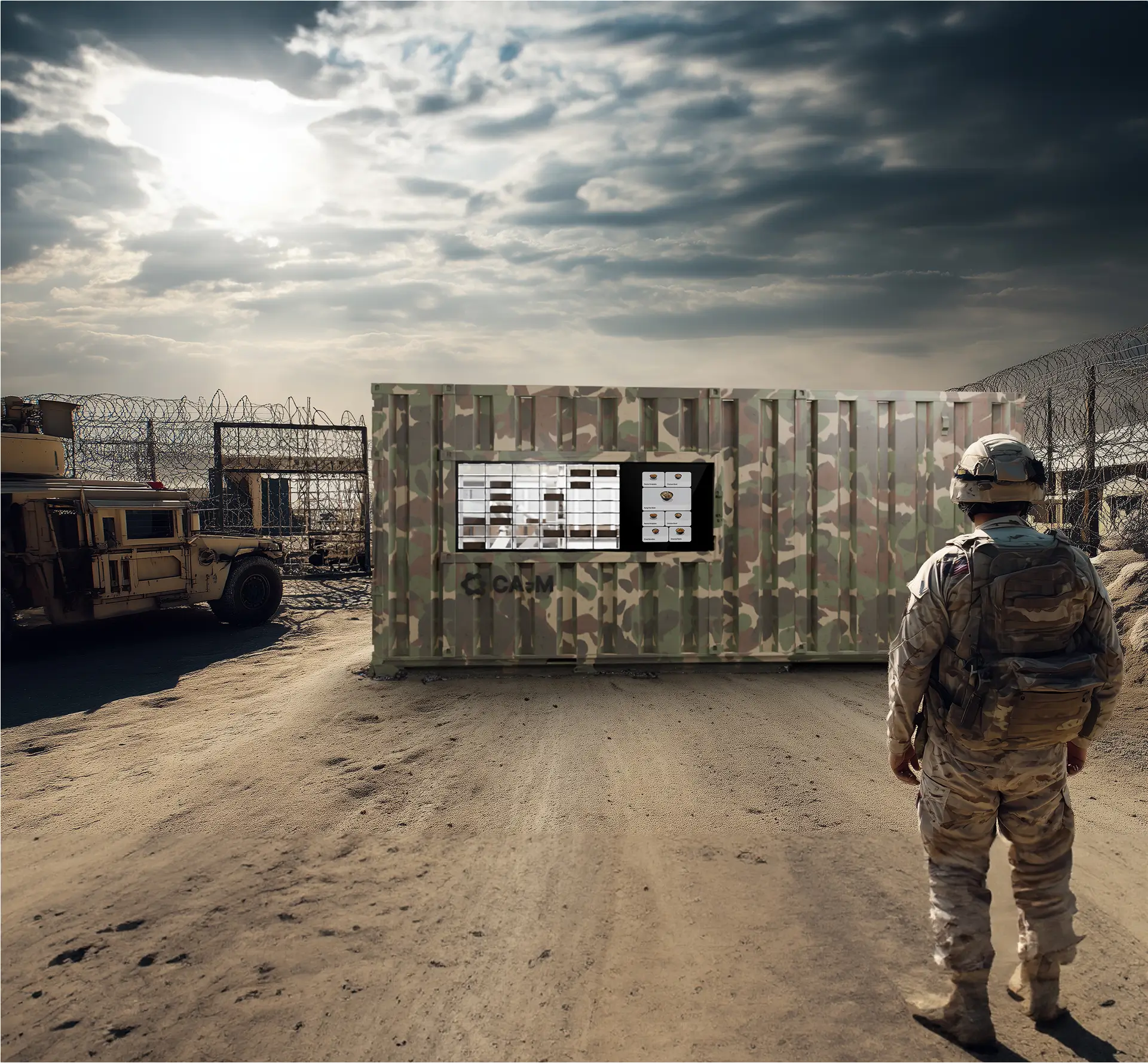 CA-M modular container kitchen with camouflage exterior deployed in a war zone, positioned beside barbed-wire fencing and a military vehicle, with a soldier approaching the unit.