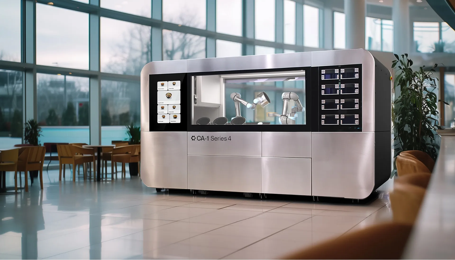 Robotic Machine from the CIRCUS Group kitchen system preparing multiple bowls with a variety of fresh ingredients, including vegetables, grains, and proteins.