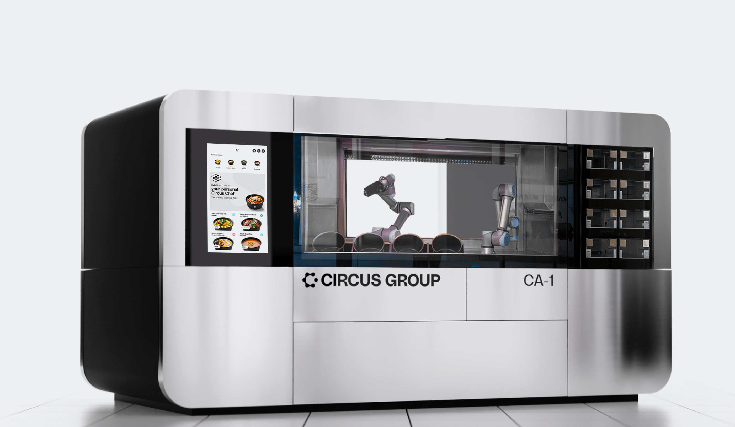 A sleek automated kitchen machine labeled 'Circus Group CA-1' with robotic arms visible inside and a touchscreen menu displaying food options on the left side.