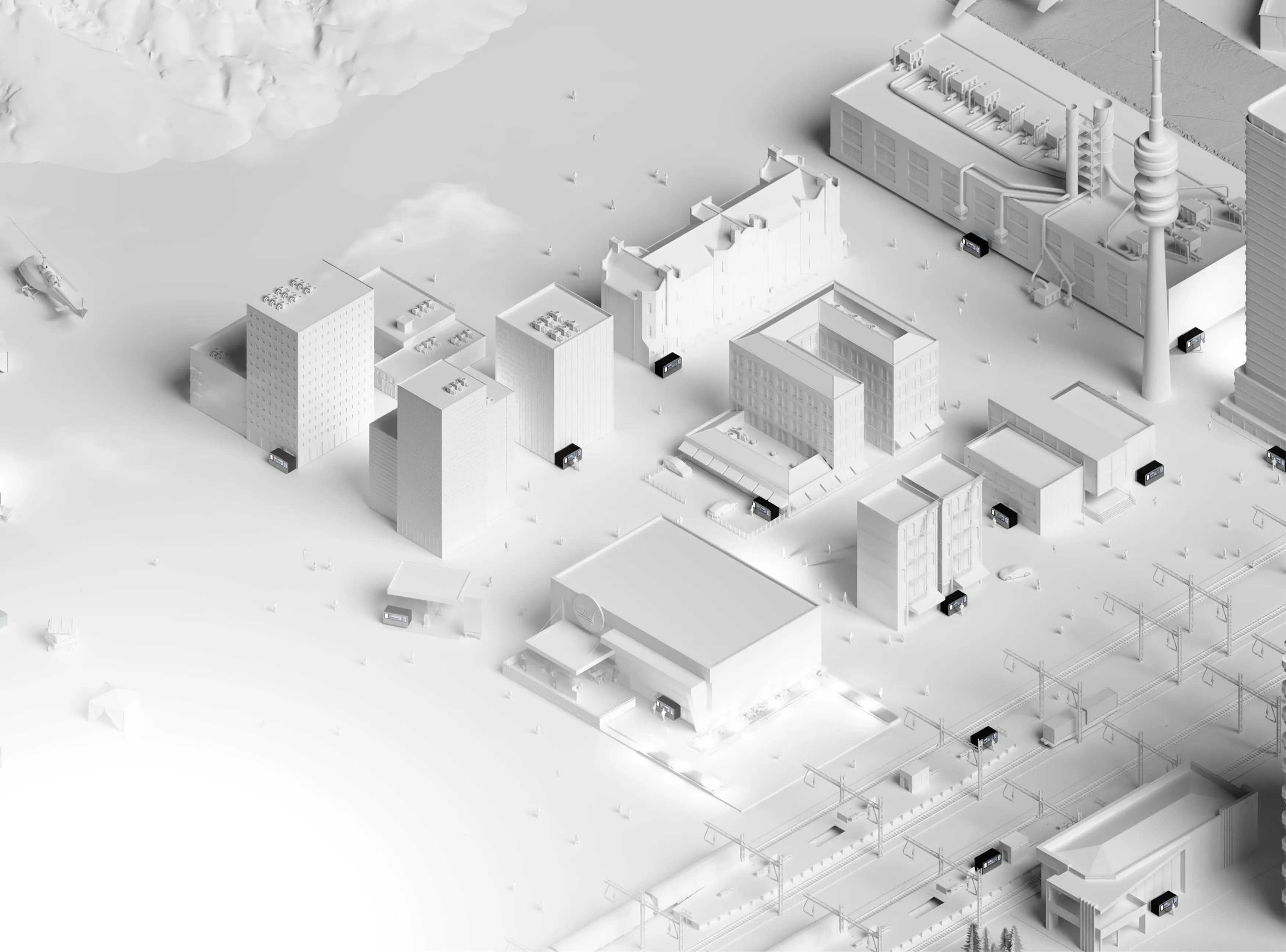 Isometric white 3D model of a cityscape with buildings, a tower, train tracks, and small black rectangular signs on some buildings.