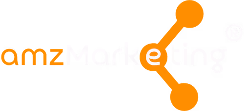 Logo mit Schriftzug amzMarketing in Orange und Weiß mit verbundenen Punkten am Buchstaben e.