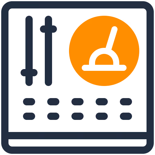 Symbol eines Schalters mit Reglern in einem Rahmensymbol, orangefarbener Kreis hebt Schalter hervor.