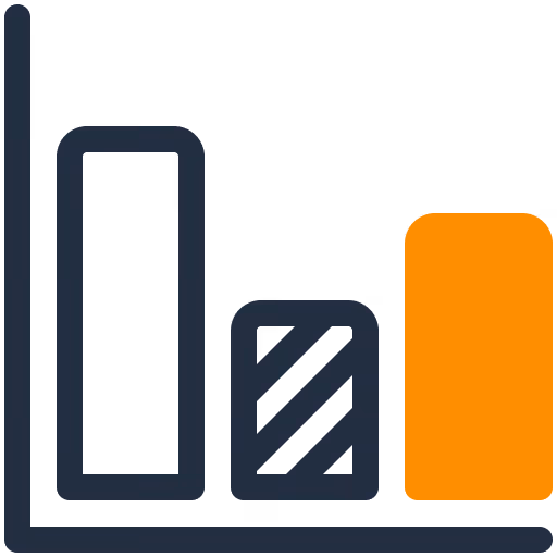Balkendiagramm mit drei Säulen, wobei die mittlere schraffiert und die letzte orange ist.