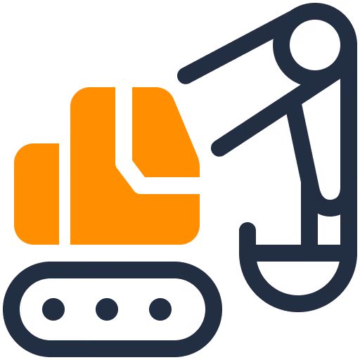 Ikone eines orangefarbenen Baggerfahrzeugs mit schwarzem Ausleger und Schaufel.