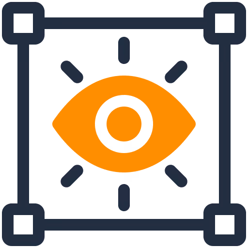 Oranges Auge mit Strahlen im Rahmen, Symbol für Sichtbarkeit oder Sichtkontrolle.
