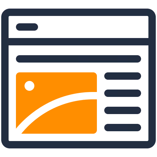 Webseitenlayout-Symbol mit orangefarbenem Grafikfeld und Text daneben.