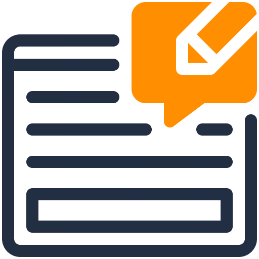 Symbol eines Dokuments mit Linien und einem orangen Sprechblasen-Icon mit Stift.