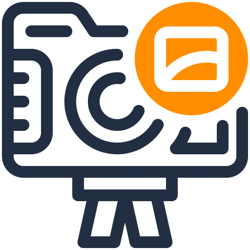 Symbol einer Kamera auf einem Stativ mit orangefarbener Vorschauanzeige.