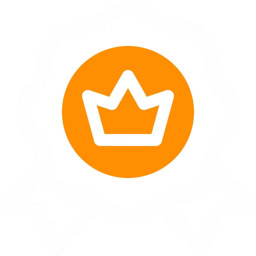 Abzeichen mit einer schwarzen Krone auf einem orangefarbenen Kreis und weißem Rand mit Schleifen.