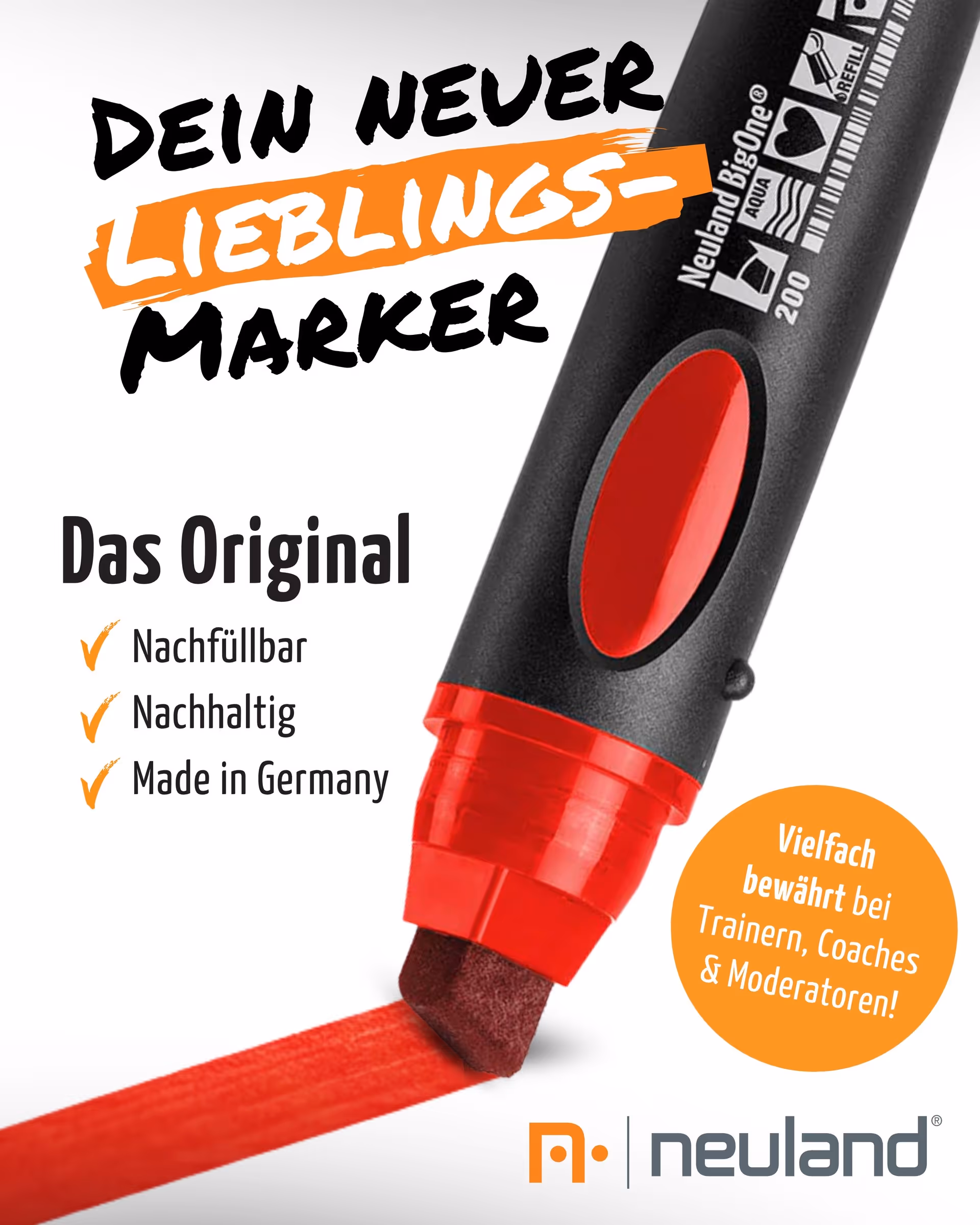 Ein roter Neuland BigOne Marker mit roter Linie, mit Text zu Nachfüllbarkeit und Nachhaltigkeit.