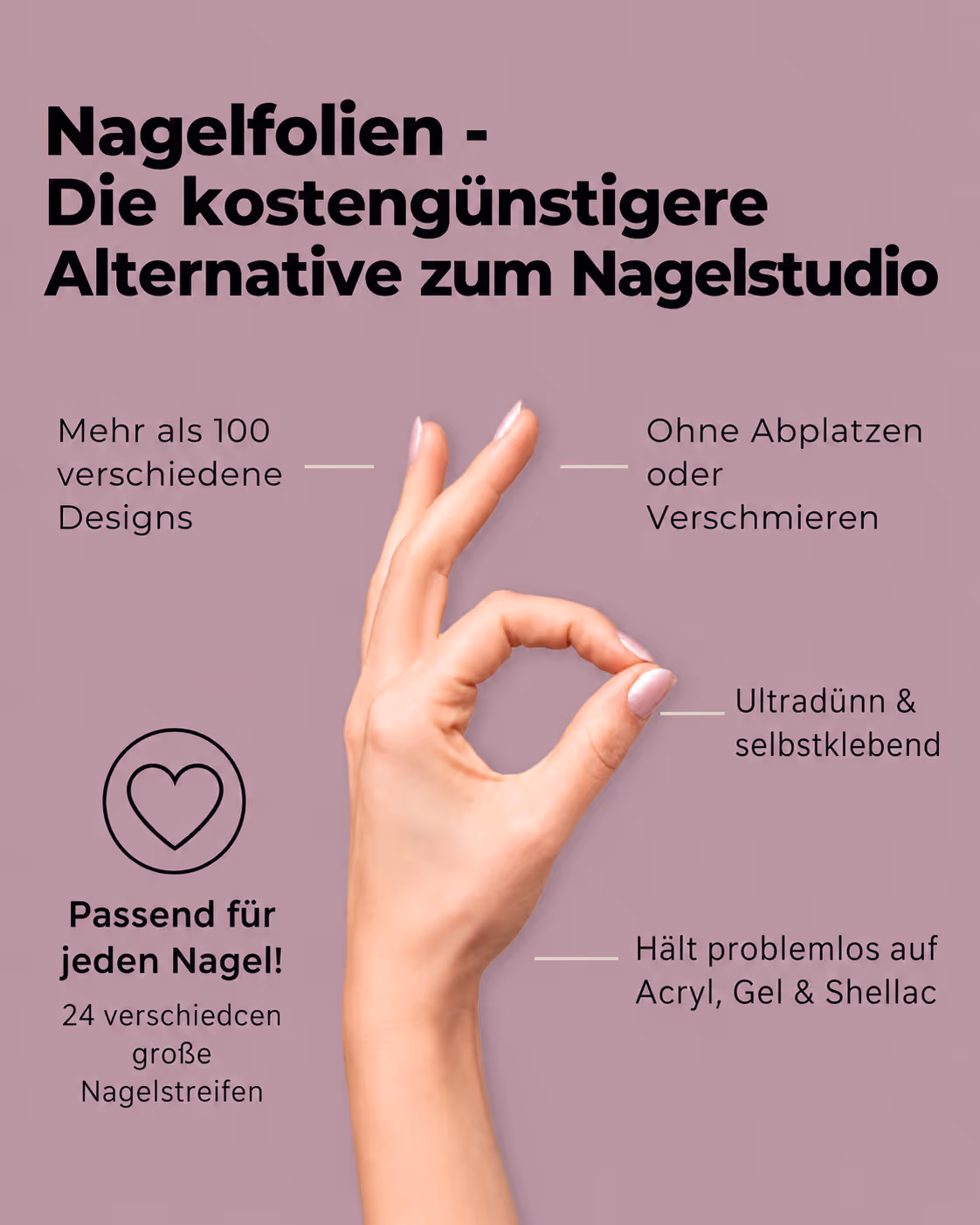 Hand zeigt OK-Zeichen mit Maniküre und Text zu Nagelfolien als kostengünstige Nagelstudio-Alternative.