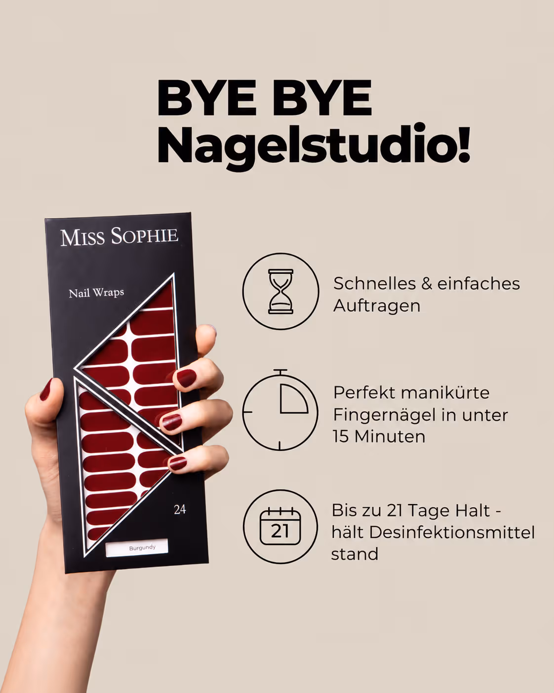 Hand hält Miss Sophie Nail Wraps in Burgund mit Text zu schnellem Auftragen und 21 Tagen Halt.