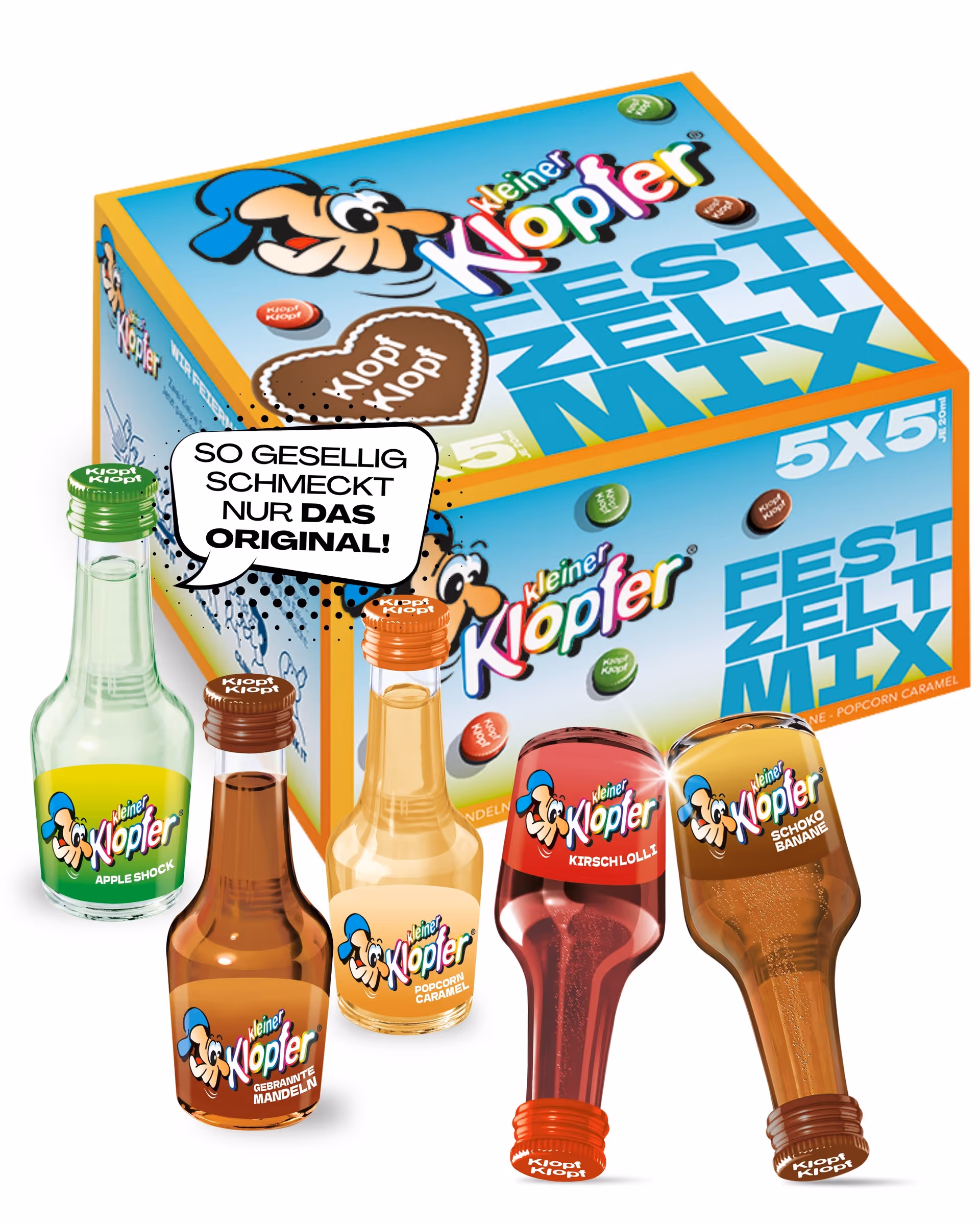 Fünf kleine Klopfer Likörflaschen vor einer Festzelt-Mix-Packung mit Sprechblase zum Original.