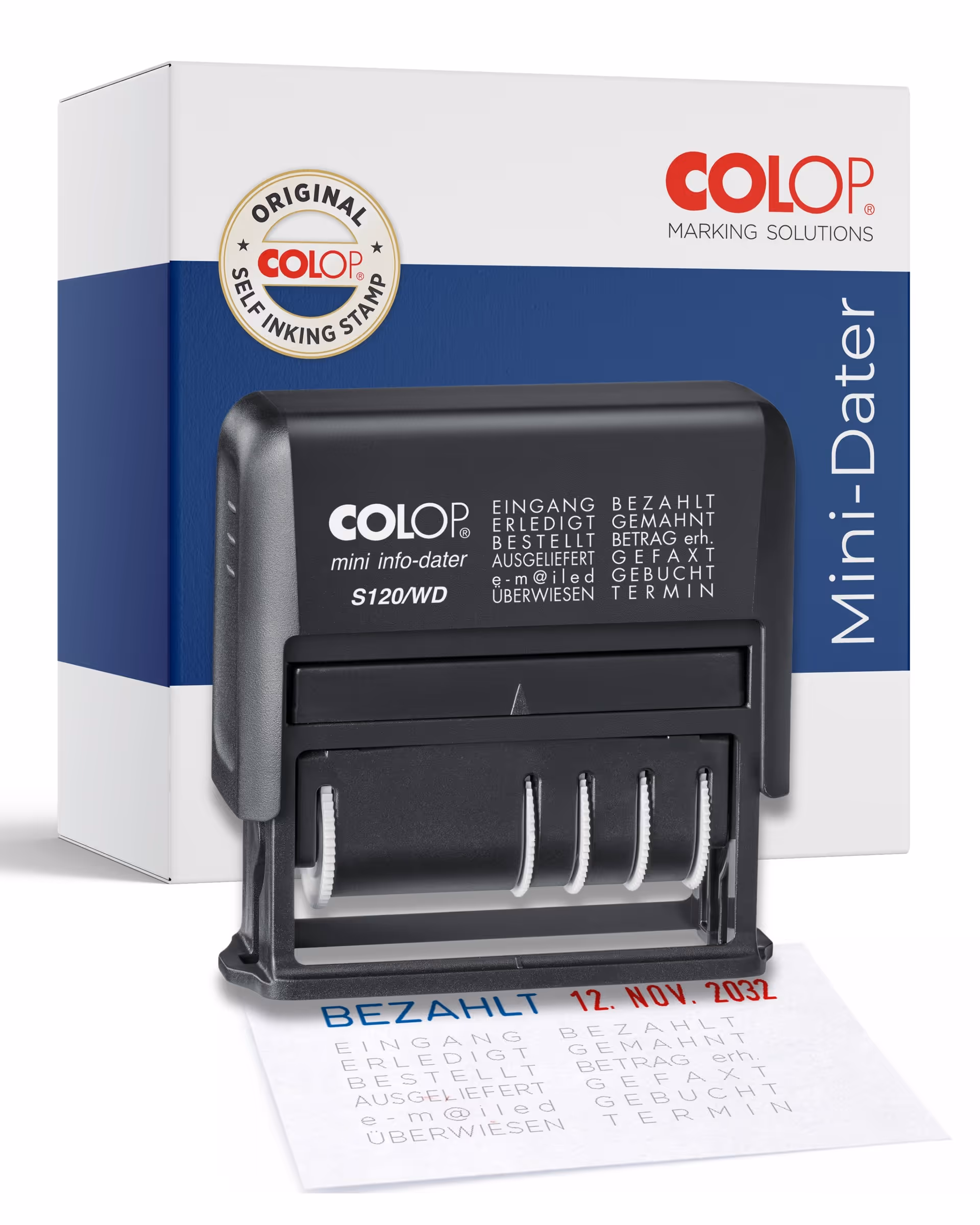 COLOP Mini-Dater self-inking stamp with German status words and date 12. Nov. 2032 on paper.